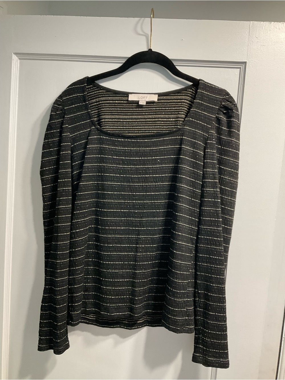 LOFT Black Top with Metallic Stripe and Scoop Neck